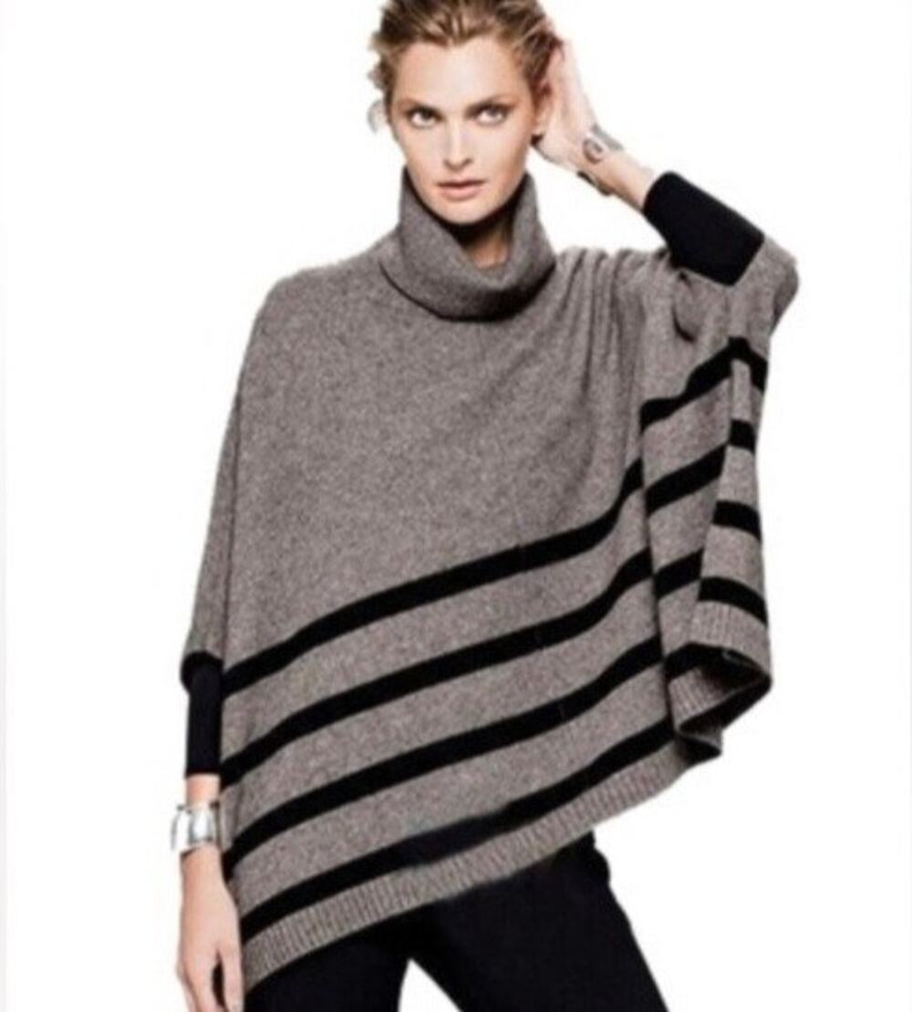 TAHARI Women's M Wool & Yak Poncho Sweater Brown Black Striped Soft Quiet Luxury